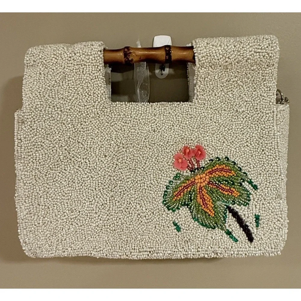 Handcrafted‎ In India Beaded Bag Toucan Tropical Flowers Bamboo Handles NWT